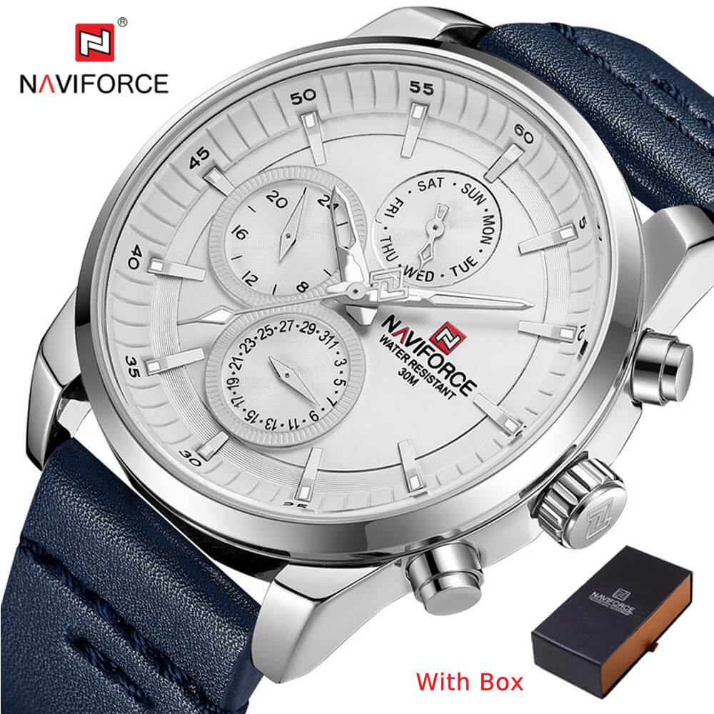 NAVIFORCE NF 9148 Men's Quartz Waterproof Sport Leather Wrist Watch-Brown White
