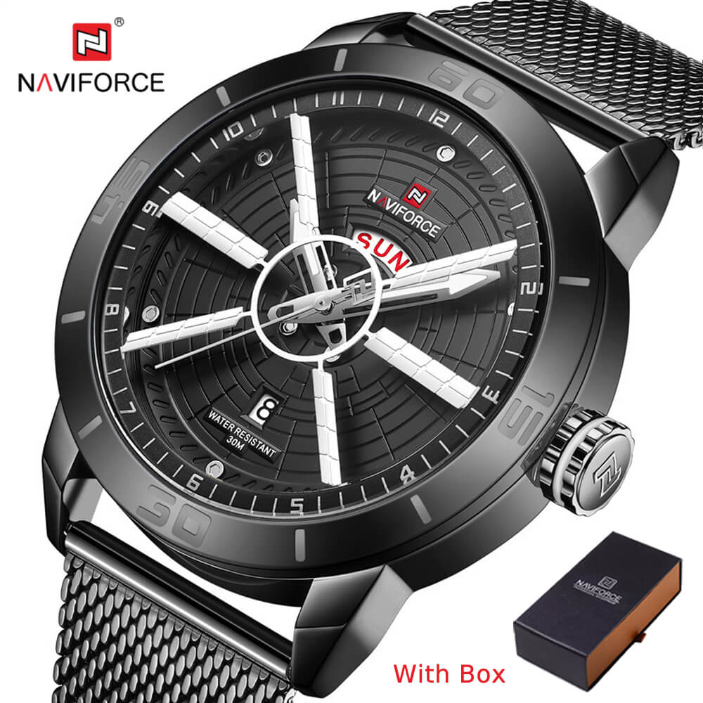 NAVIFORCE NF 9155 Men's Watch Stainless Steel Mesh Strap Analog Day Date Waterproof Wrist Watch-Rose Gold Black