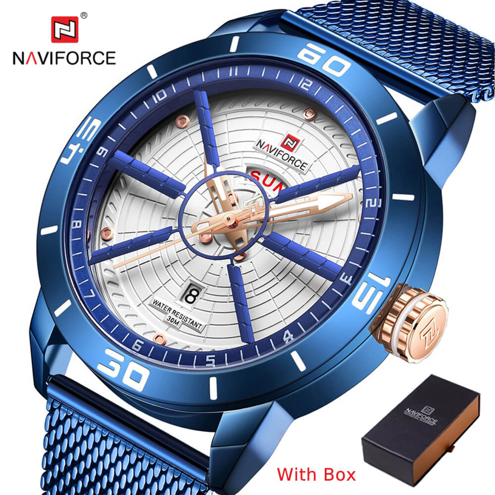 NAVIFORCE NF 9155 Men's Watch Stainless Steel Mesh Strap Analog Day Date Waterproof Wrist Watch-Black White