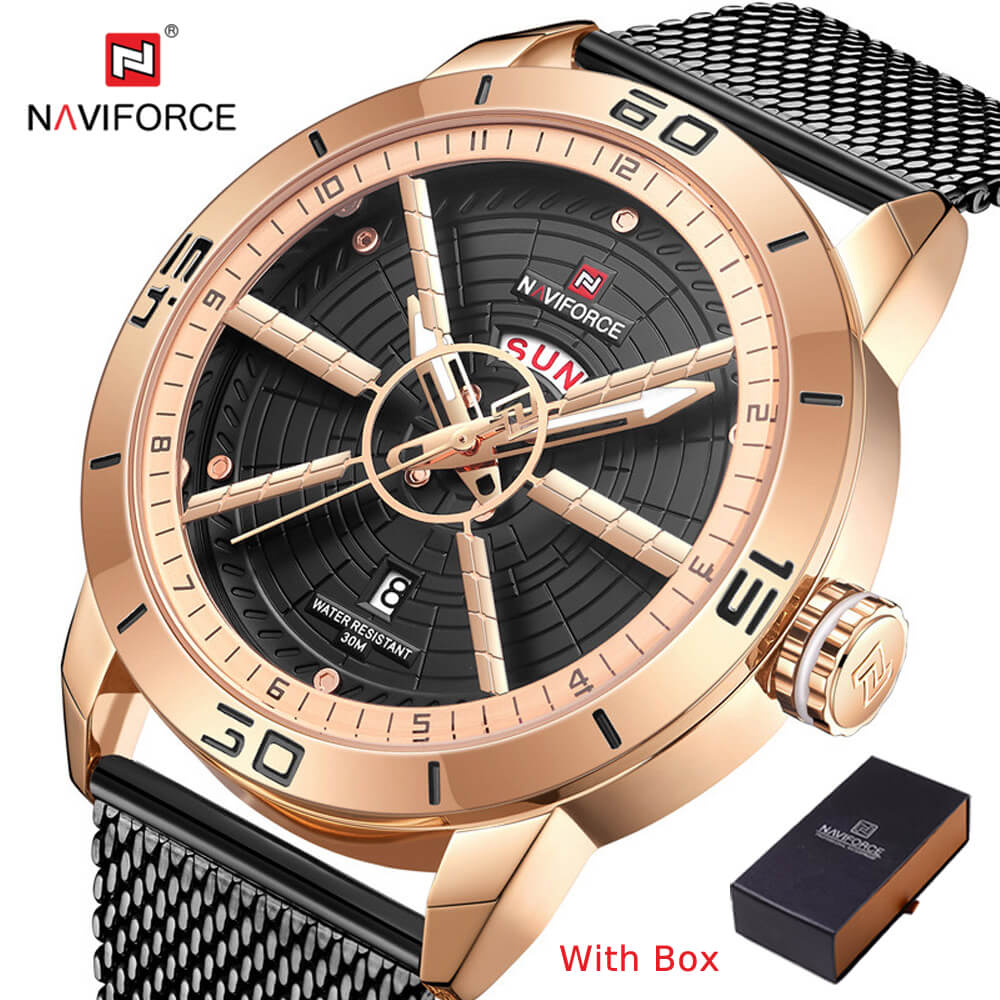 NAVIFORCE NF 9155 Men's Watch Stainless Steel Mesh Strap Analog Day Date Waterproof Wrist Watch-Black White