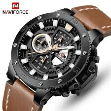 NAVIFORCE NF 9159 Chronograph Leather Strap Men's Watch Waterproof -Rose Gold Blue