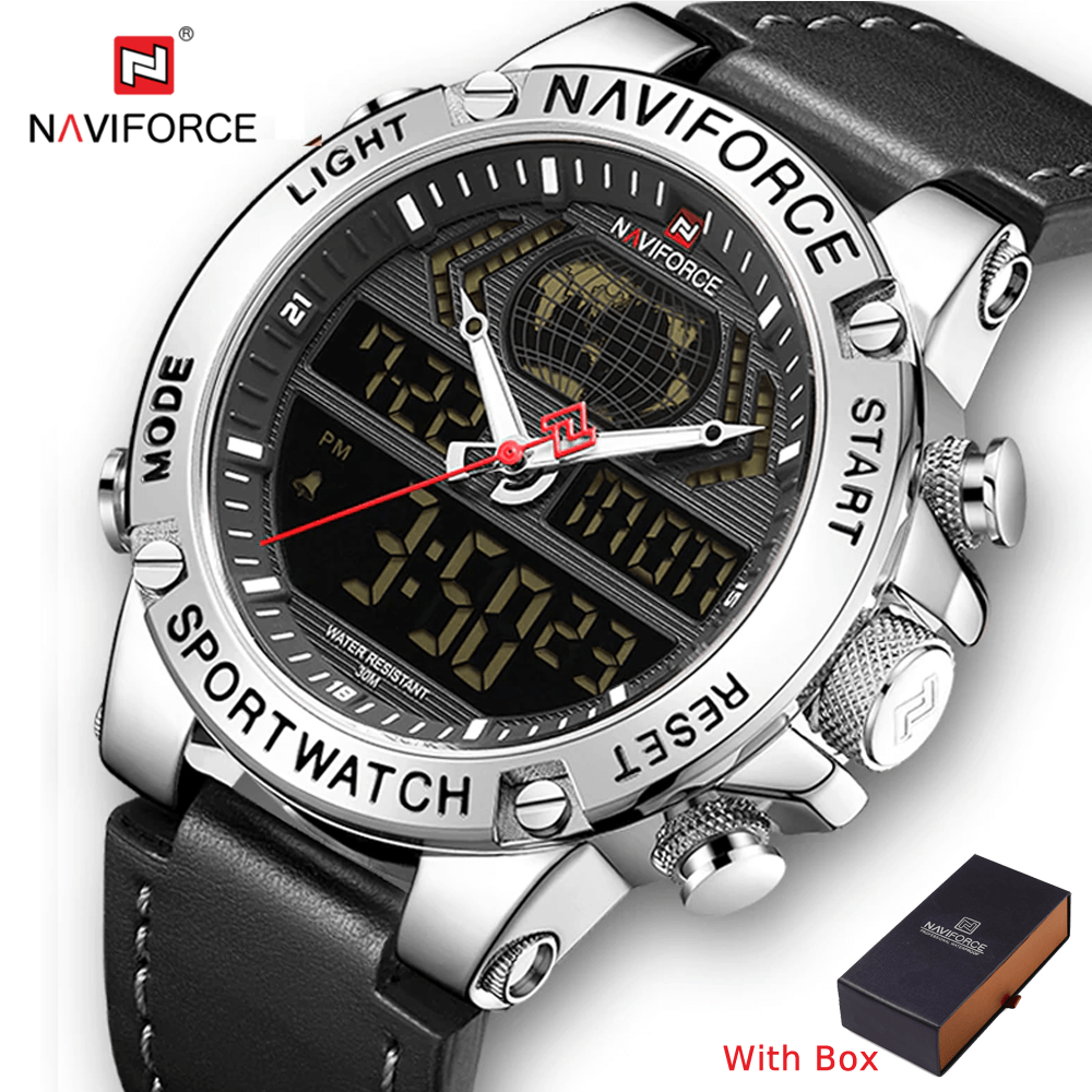 NAVIFORCE NF 9164 Analog Digital Waterproof Men's Watch Leather Strap LED Quartz-Coffee