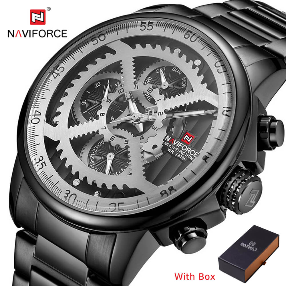 NAVIFORCE NF 9150 Men's Watch Rotary Chronograph Watch Waterproof with Date and Day Display, 24 Hours Format-Black White