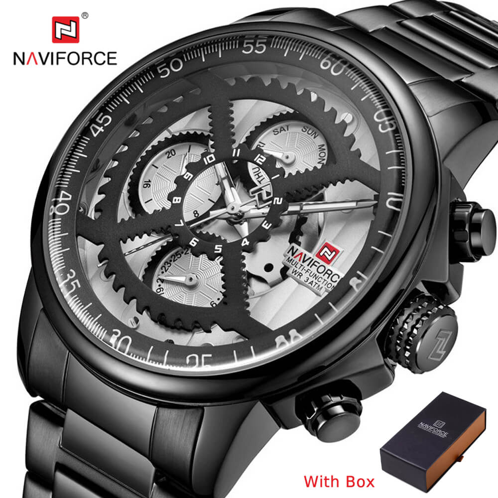 NAVIFORCE NF 9150 Men's Watch Rotary Chronograph Watch Waterproof with Date and Day Display, 24 Hours Format-Black Black