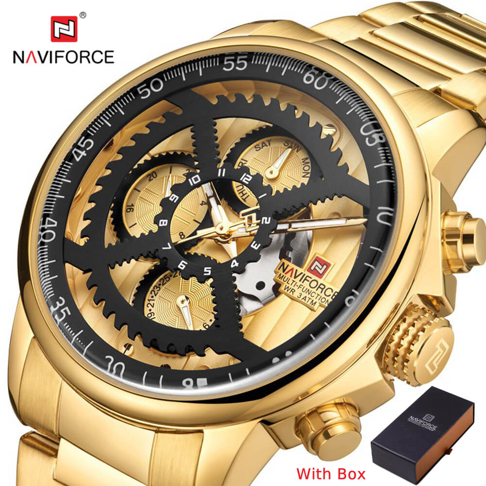 NAVIFORCE NF 9150 Men's Watch Rotary Chronograph Watch Waterproof with Date and Day Display, 24 Hours Format-Gold Gold