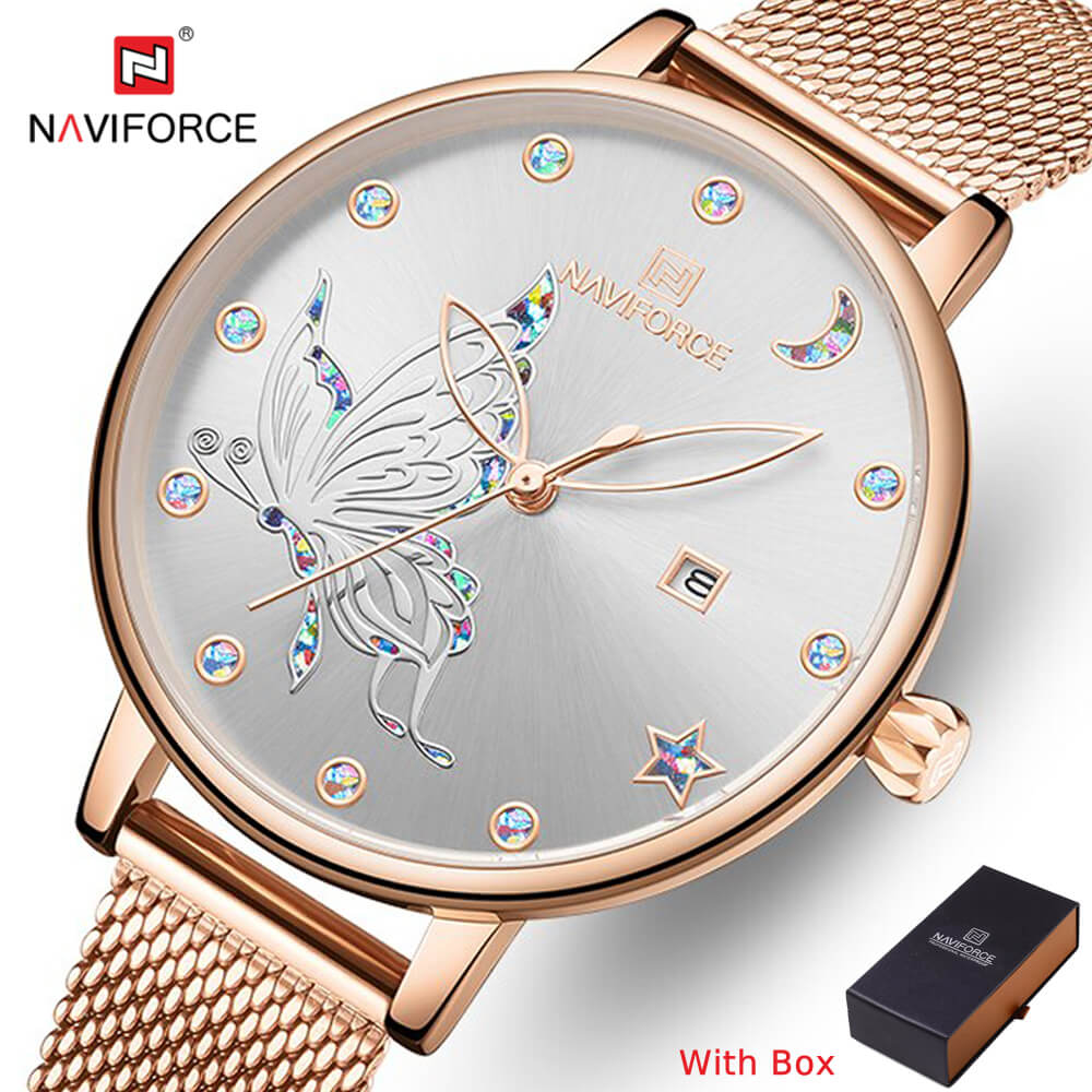 NAVIFORCE NF 5011 Luxury brand Stainless steel Women's watch Waterproof-Rose Gold Red