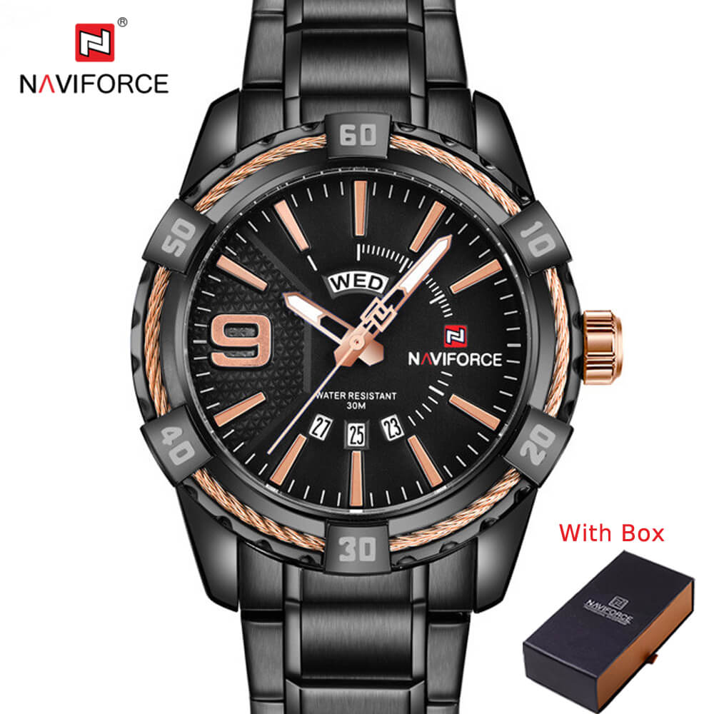 NAVIFORCE NF 9117S Men's Watch Waterproof Stainless Steel Calendar Clock-Black