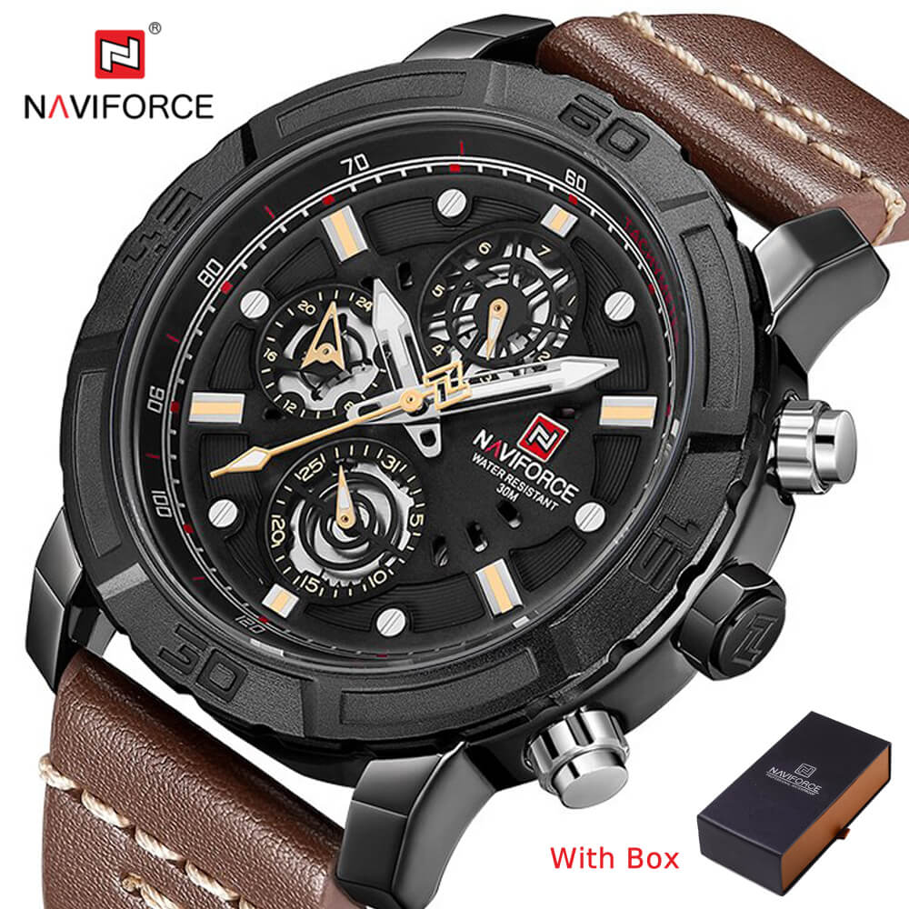 NAVIFORCE NF 9139 Luxury Genuine Leather Chronograph Analog Men's Watch-Rose Gold Brown