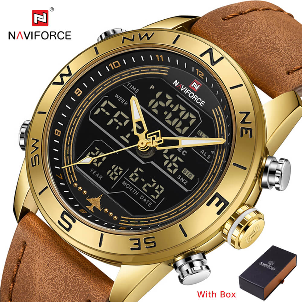 NAVIFORCE NF 9144 Men's Fashion Sport Watch Waterproof Dual Time Leather Strap Wristwatch Black Dark Brown