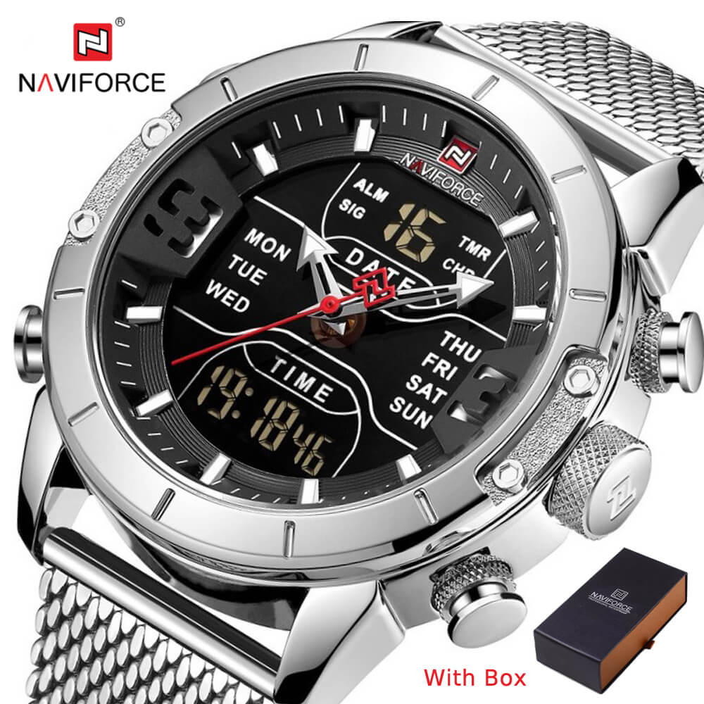 NAVIFORCE NF 9153 Men's Watch Stainless Steel Strap Analog Digital Multifunction Waterproof Wristwatch-Silver Black