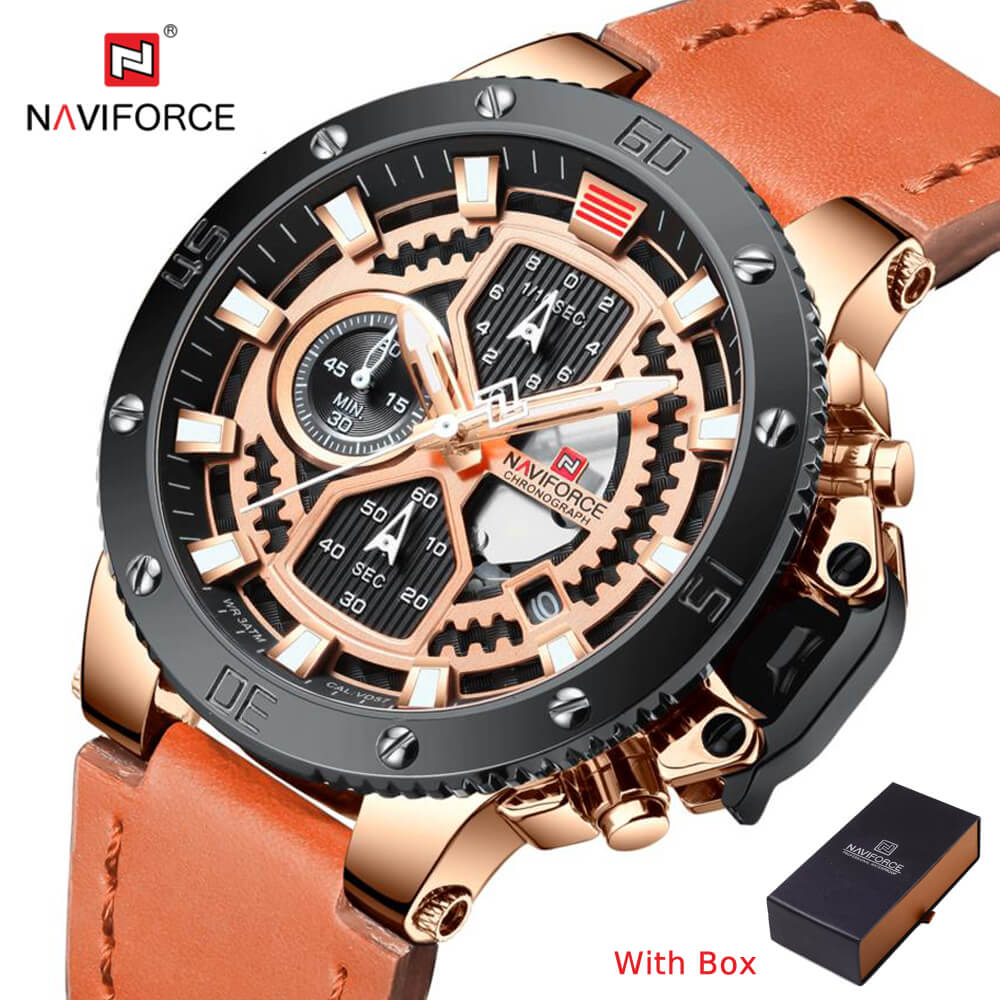 NAVIFORCE NF 9159 Chronograph Leather Strap Men's Watch Waterproof -Rose Gold Blue