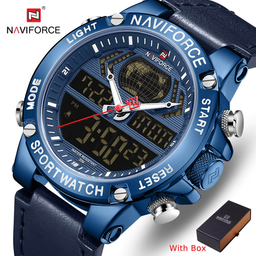 NAVIFORCE NF 9164 Analog Digital Waterproof Men's Watch Leather Strap LED Quartz-Silver Black