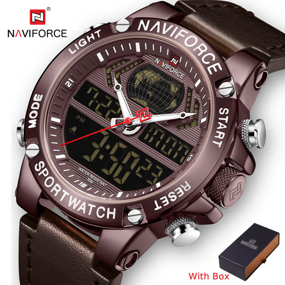 NAVIFORCE NF 9164 Analog Digital Waterproof Men's Watch Leather Strap LED Quartz-Rose Gold Brown