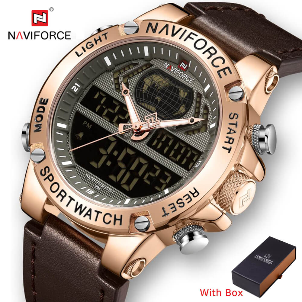NAVIFORCE NF 9164 Analog Digital Waterproof Men's Watch Leather Strap LED Quartz-Gold Brown