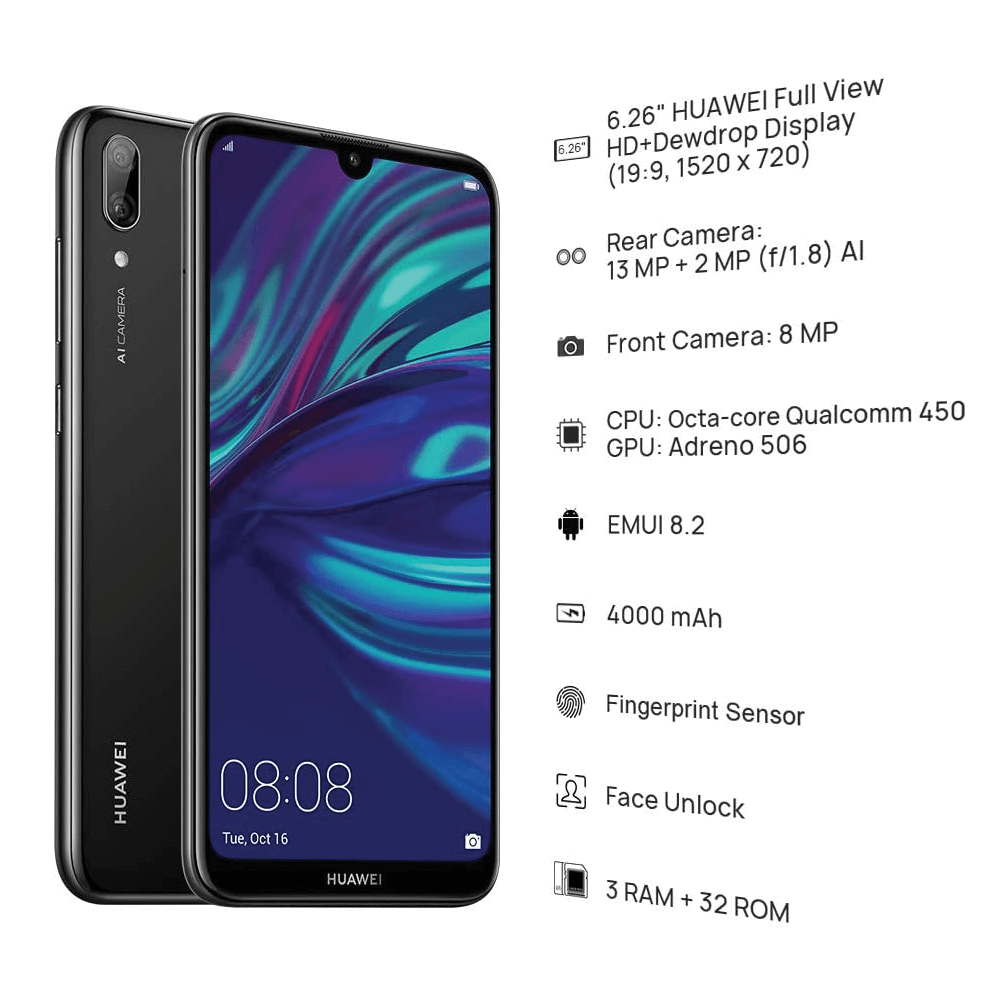 Huawei Y7 Prime (2019) (3GBRAM, 32GB Storage), 4000mAh Battery, 13MP+2MP AI Dual Camera, 1.8GHz Octa-Core Processor - Midnight Black