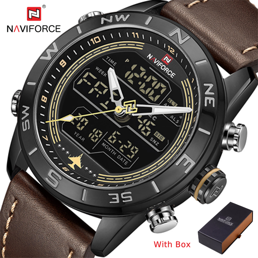NAVIFORCE NF 9144 Men's Fashion Sport Watch Waterproof Dual Time Leather Strap Wristwatch Gold Brown