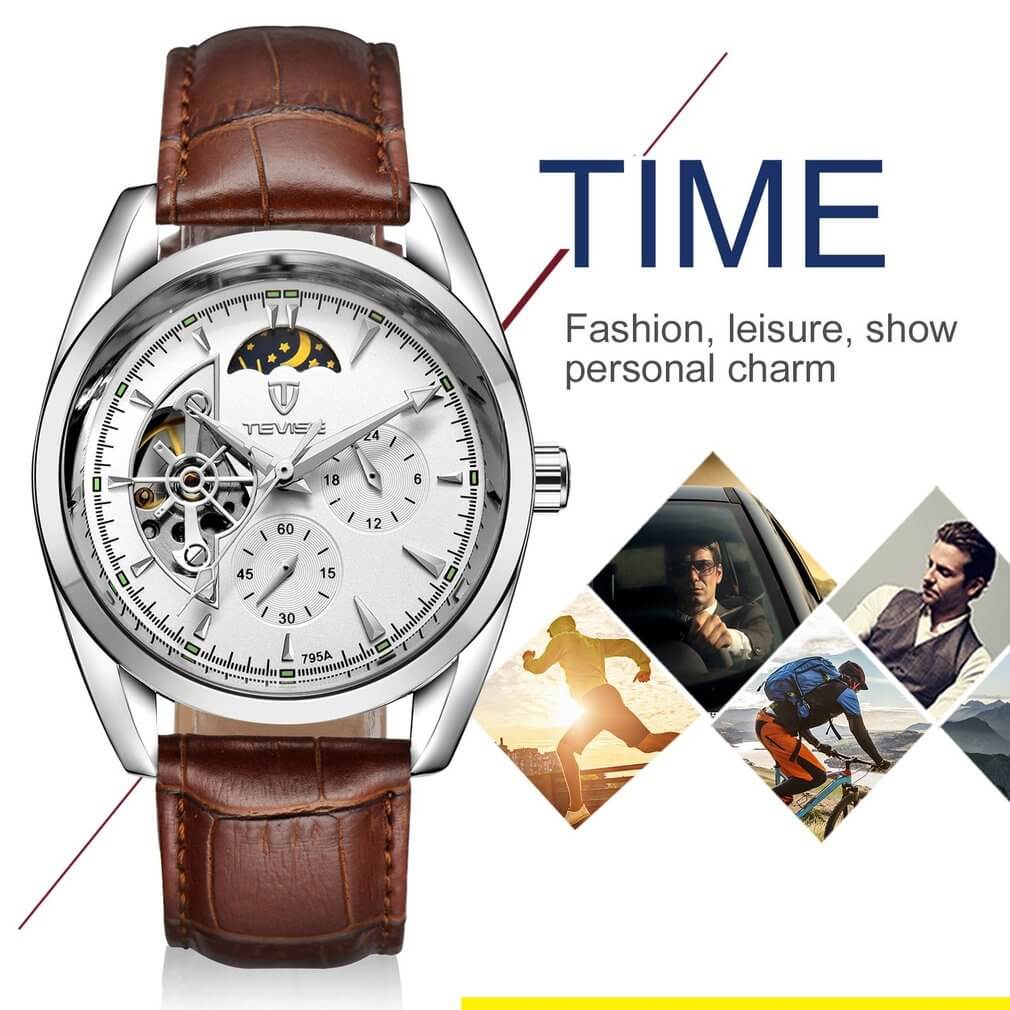 TEVISE 795A Men's Mechanical Leather Watch - Brown Silver