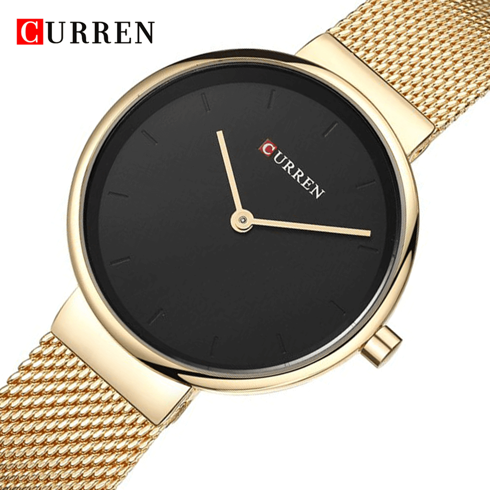 Curren 9016 Ladies Watch with Stainless Steel Band - Gold with Black Dial