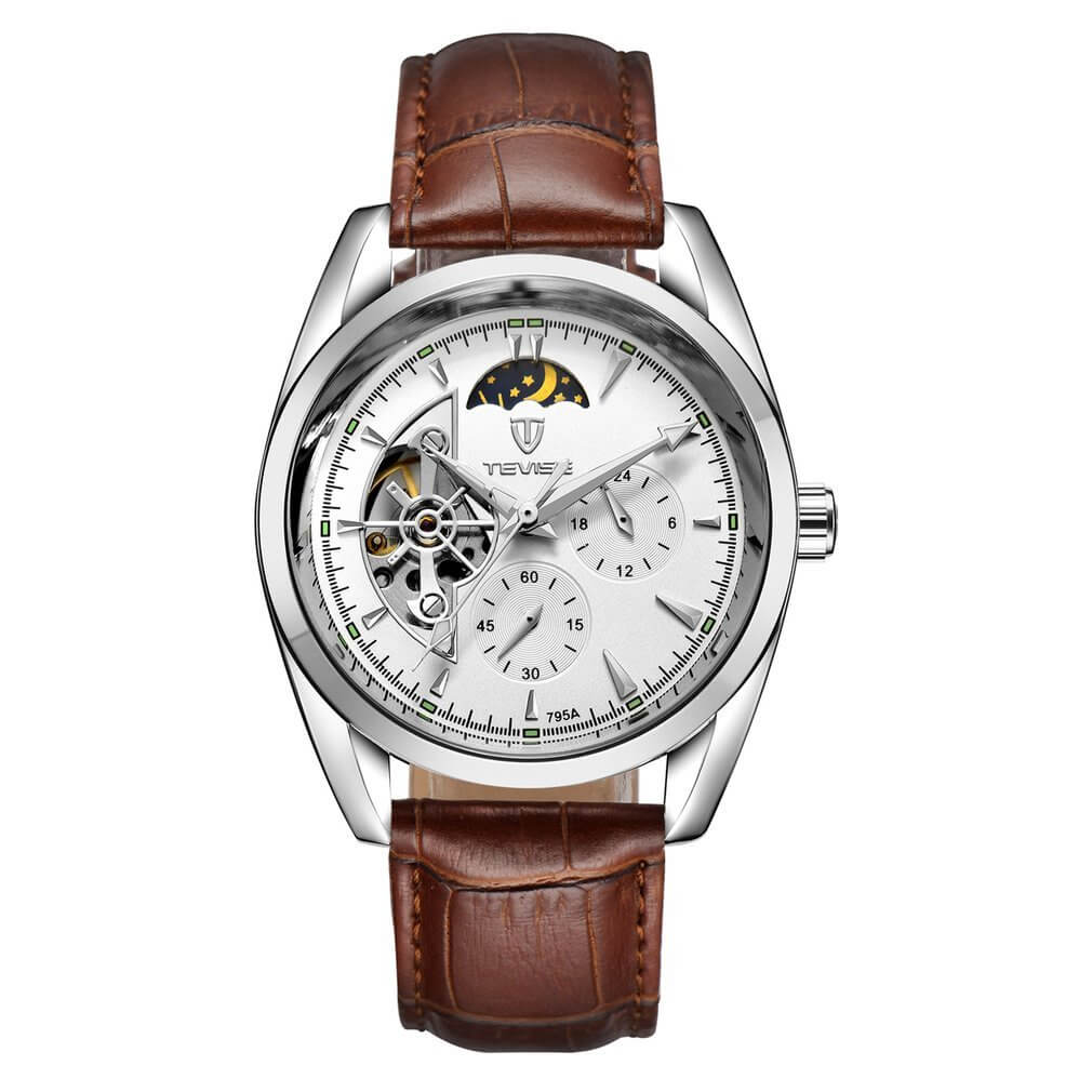 TEVISE 795A Men's Mechanical Leather Watch - Brown Silver