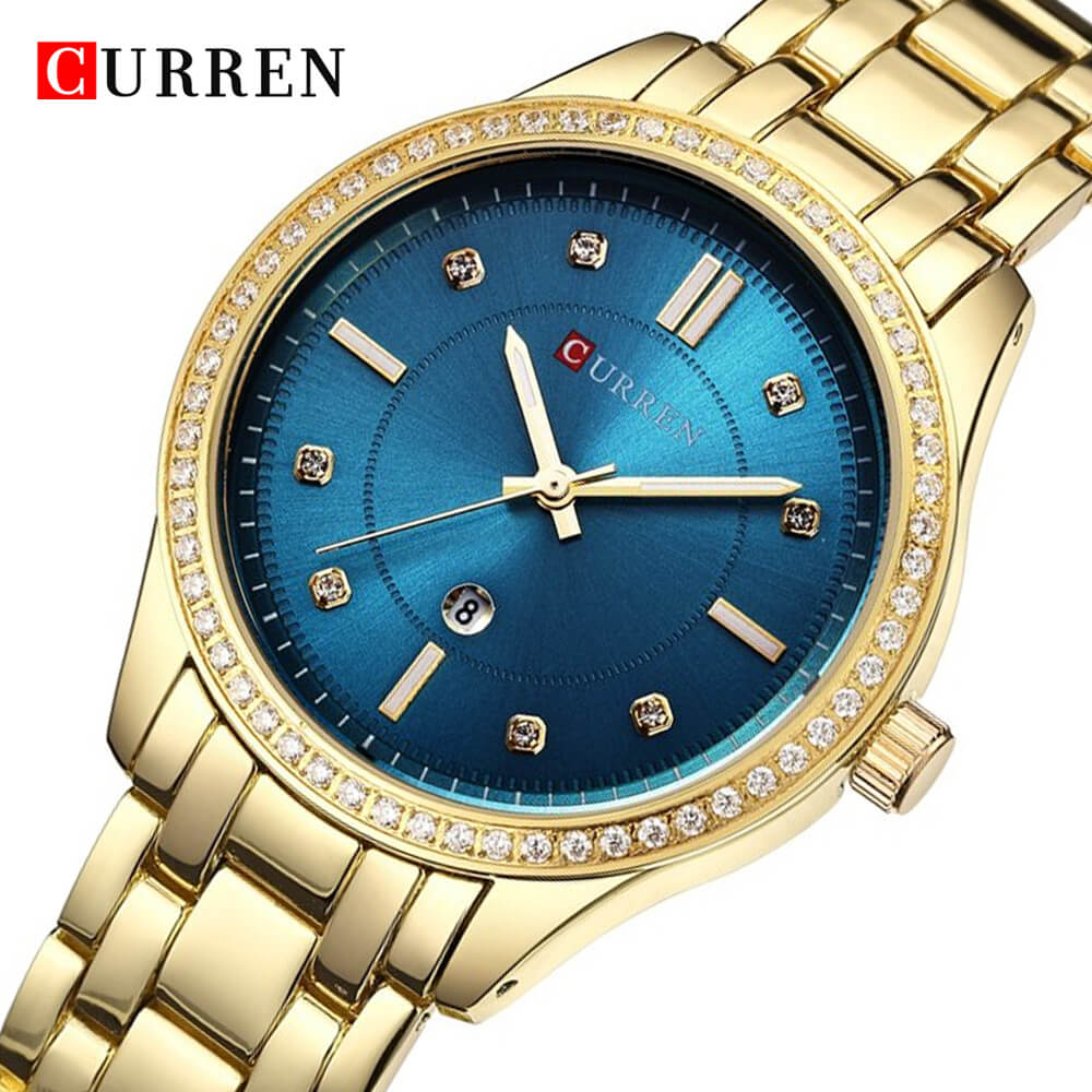 Curren 9010 Ladies Watch with Stainless Steel Band - Gold with Green Dial
