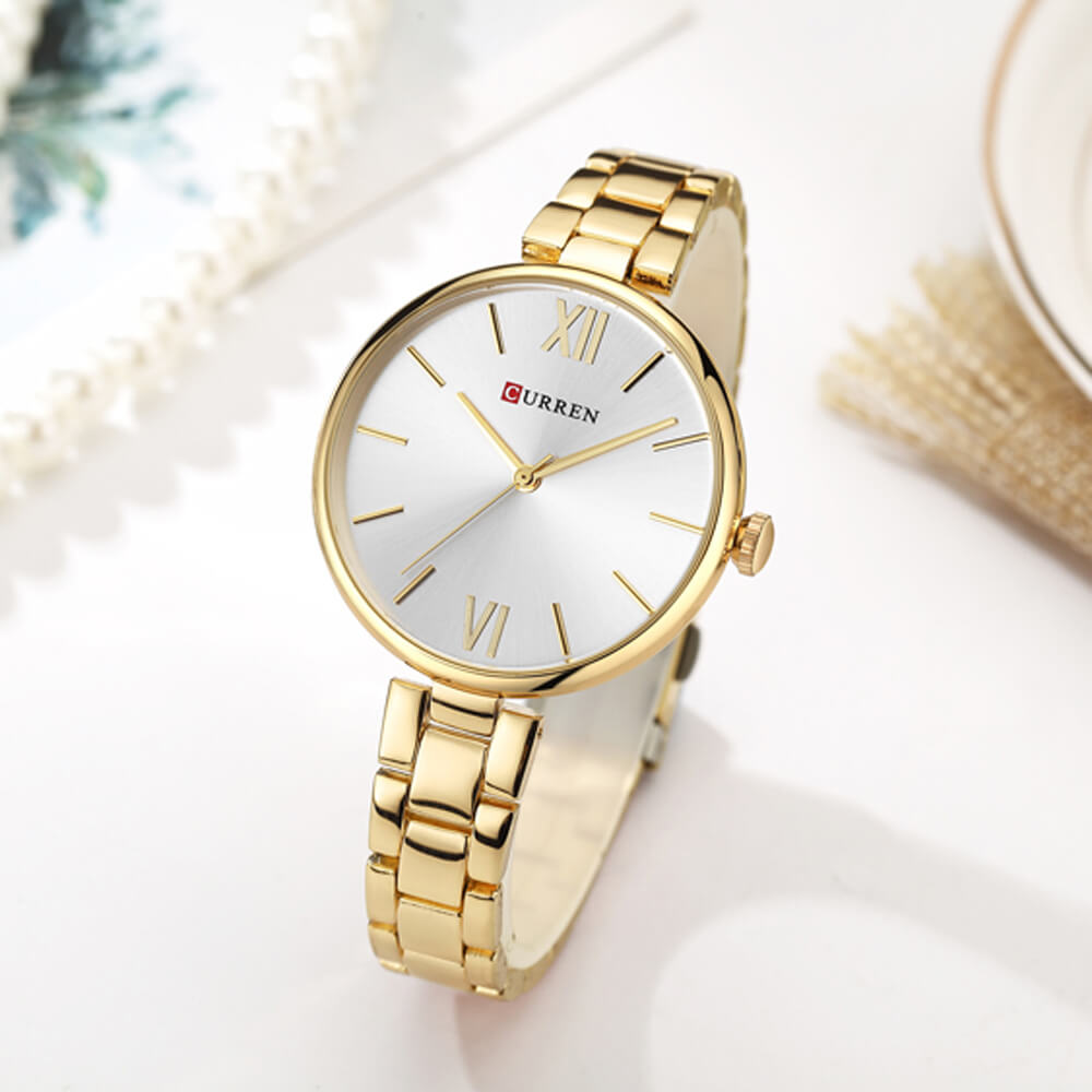 Curren 9017 Ladies Watch with Stainless Steel Band - Gold with White Dial