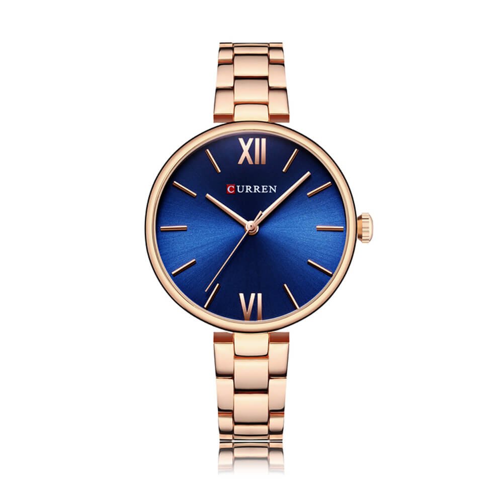 Curren 9017 Ladies Watch with Stainless Steel Band - Rosegold with Blue Dial