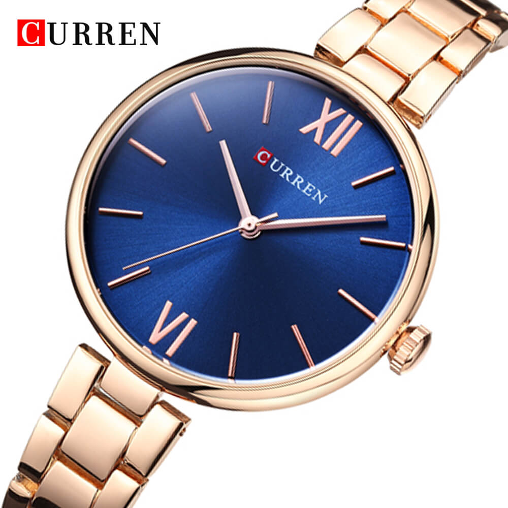 Curren 9017 Ladies Watch with Stainless Steel Band - Rosegold with Blue Dial