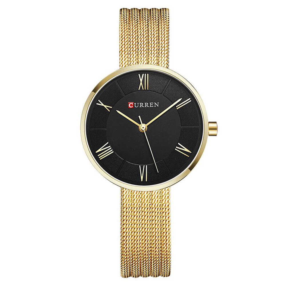Curren 9020 Ladies Watch with Stainless Steel Band - Gold with Black Dial