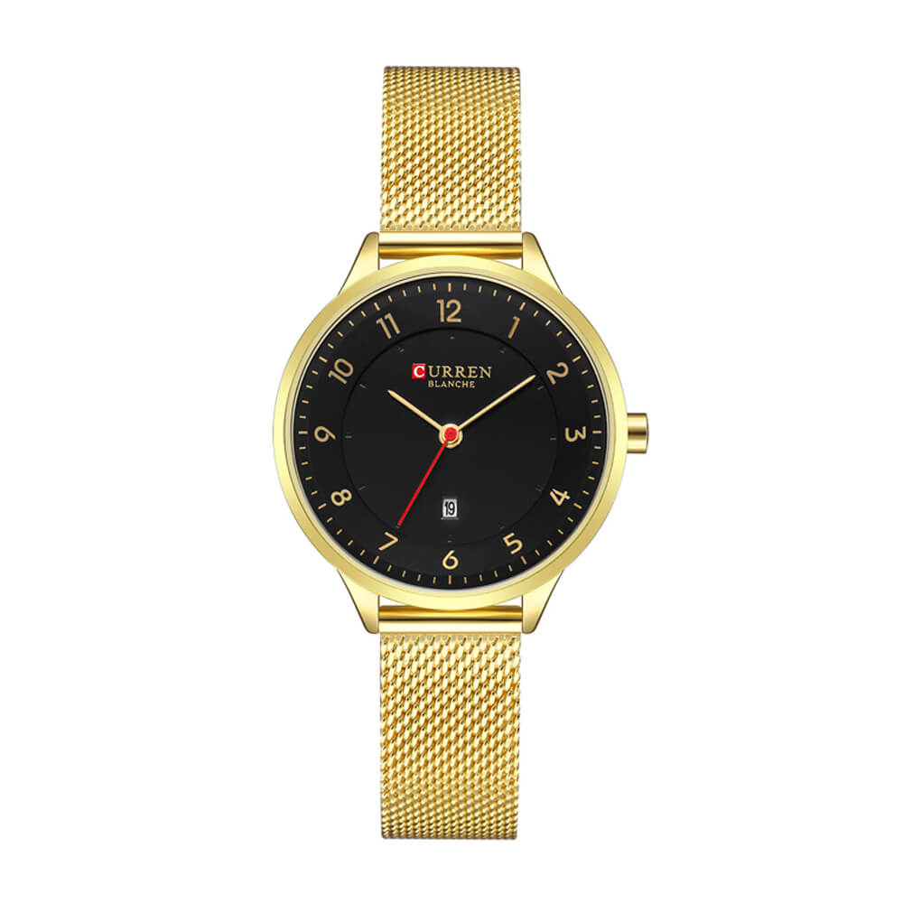 Curren 9035 Ladies Watch with Stainless Steel Band - Gold with Black Dial