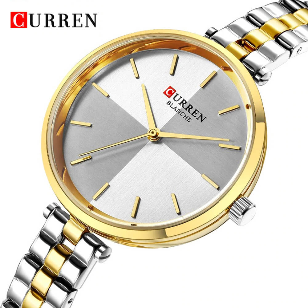 Curren 9043 Ladies Watch with Stainless Steel Band - Gold Silver with White Dial