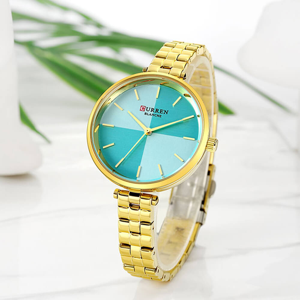 Curren 9043 Ladies Watch with Stainless Steel Band - Gold with Green Dial