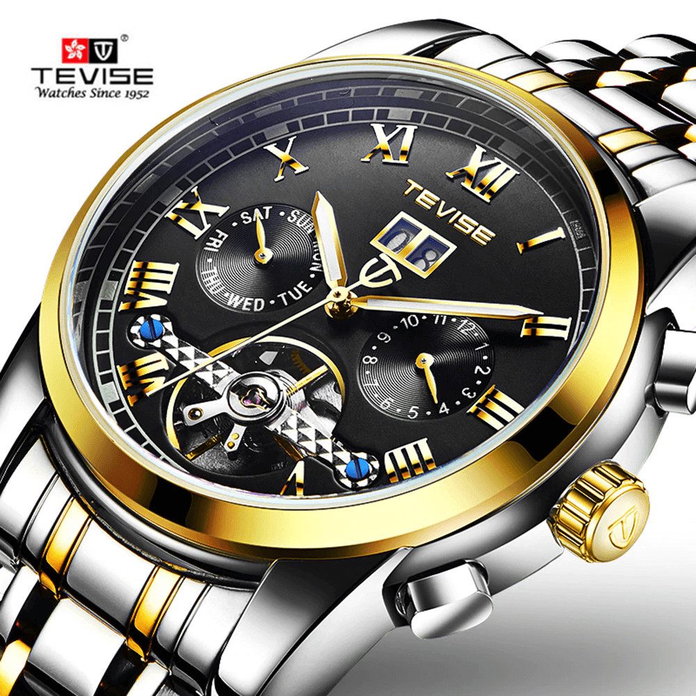 Tevise 9005 Men's Mechanical Skeleton Watch Stainless Steel with Calendar Week - Gold