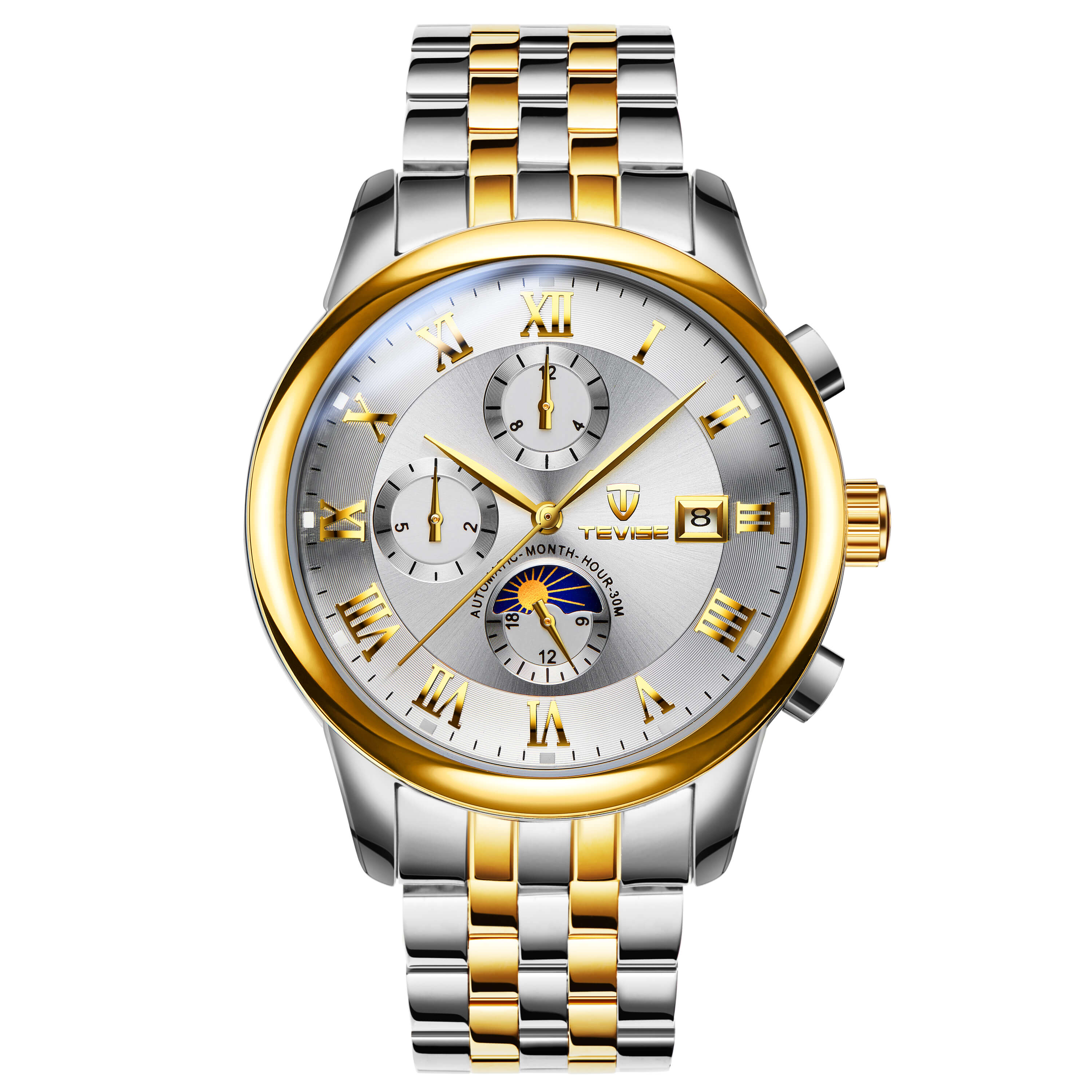 TEVISE 9008 Men's Automatic Mechanical Men's Watch Moon Phase Stainless Steel - Gold