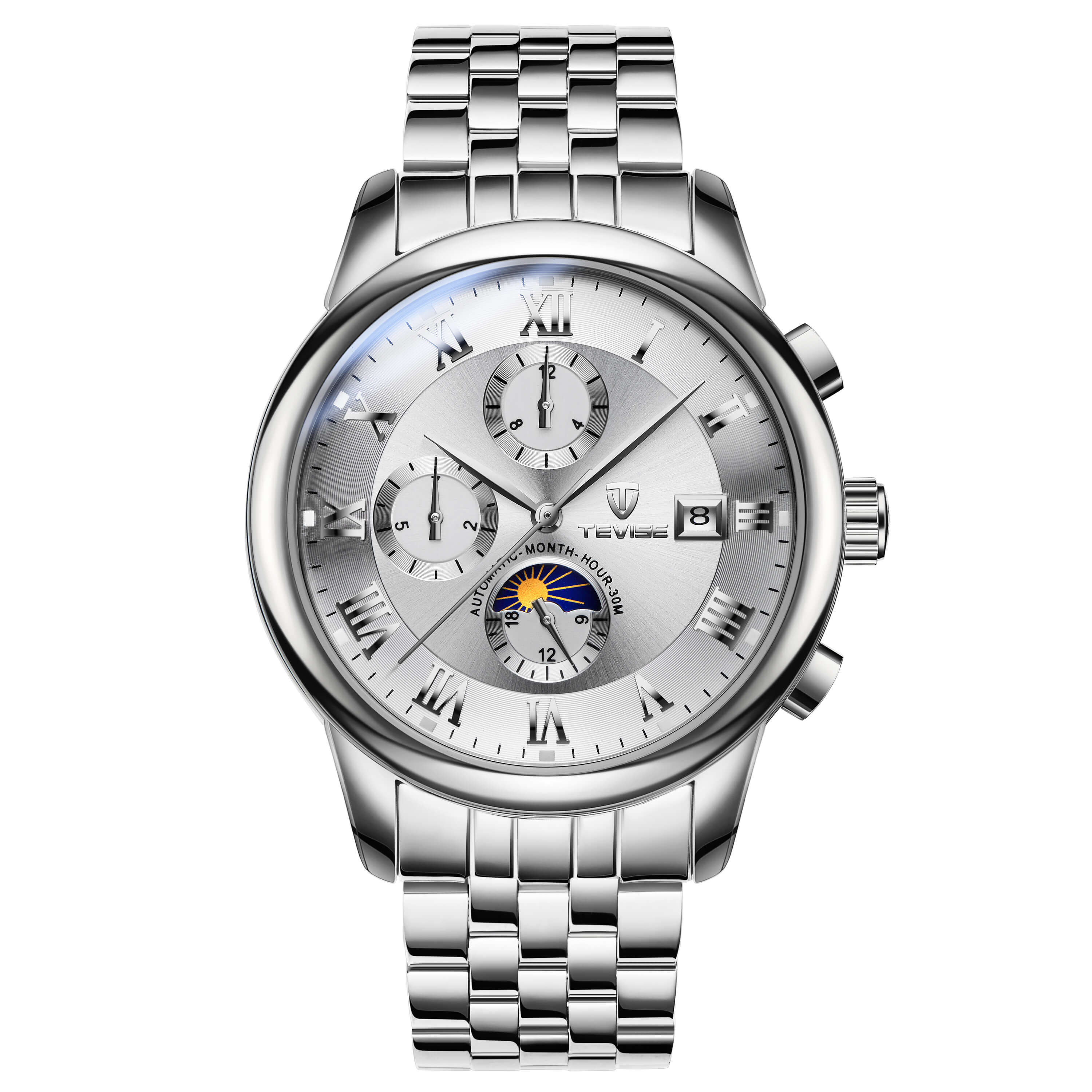 TEVISE 9008 Men's Automatic Mechanical Men's Watch Moon Phase Stainless Steel - Silver Black