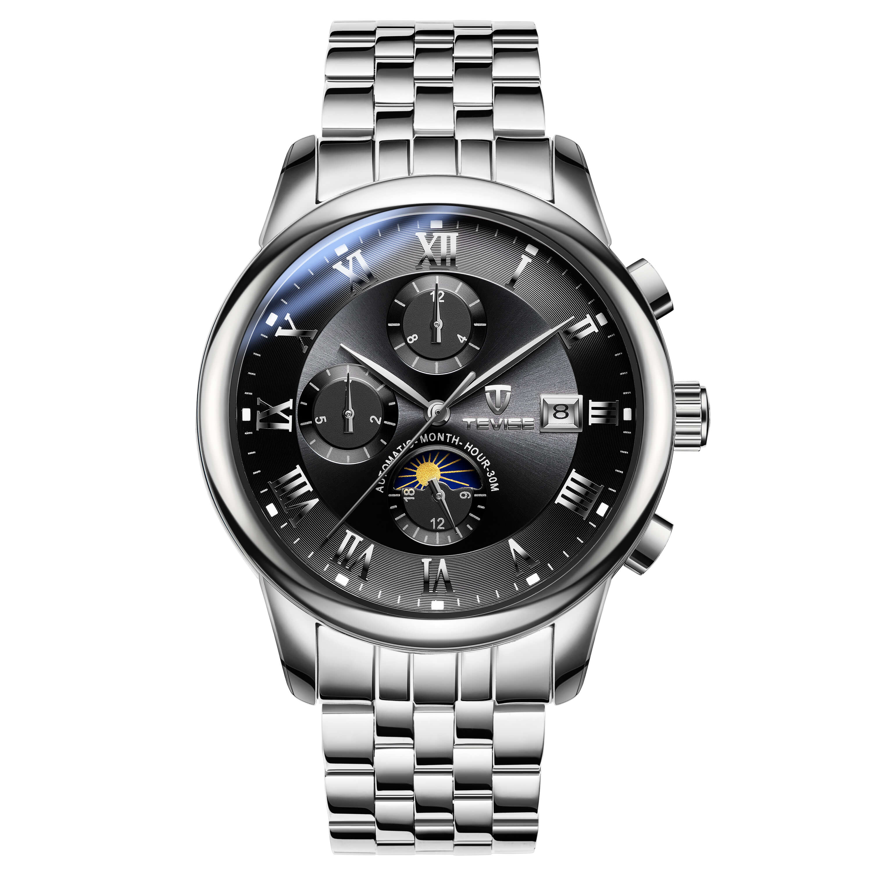 TEVISE 9008 Men's Automatic Mechanical Men's Watch Moon Phase Stainless Steel - Silver