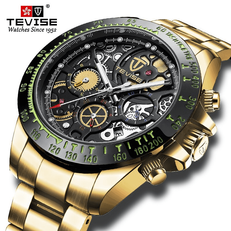 TEVISE T863 Men's Automatic Mechanical Watch multi function Stainless Steel  - Black