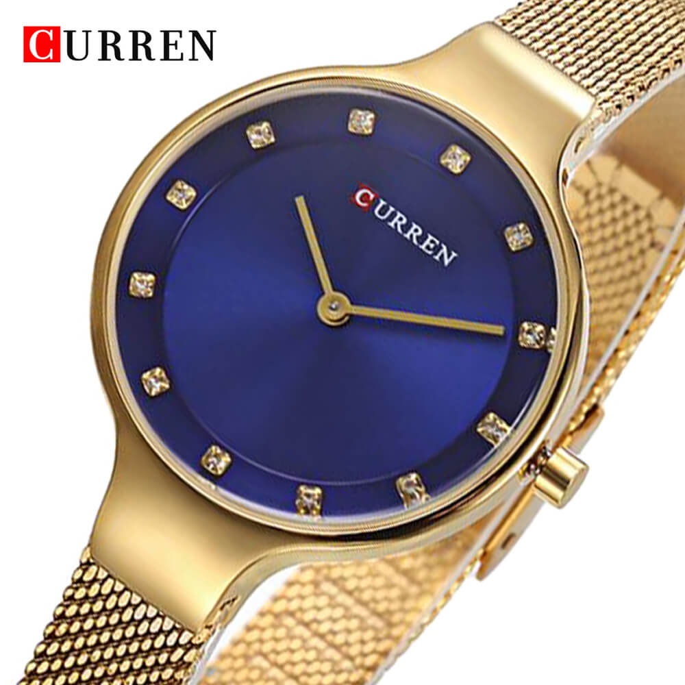 Curren 9008 Ladies Watch with Stainless Steel Band - Gold with Blue Dial