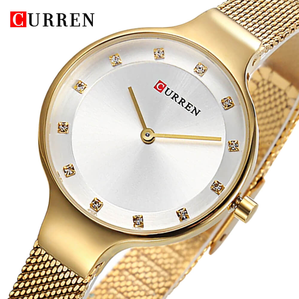 Curren 9008 Ladies Watch with Stainless Steel Band - Gold with White Dial
