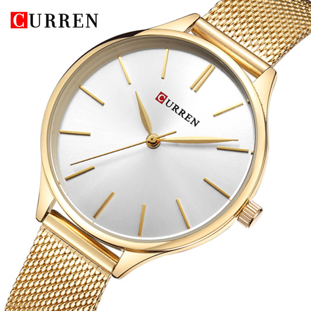 Curren 9024 Ladies Watch with Stainless Steel Band - Gold with White Dial