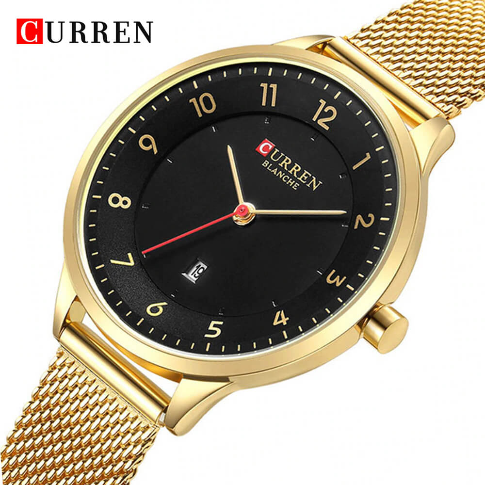 Curren 9035 Ladies Watch with Stainless Steel Band - Gold with Black Dial