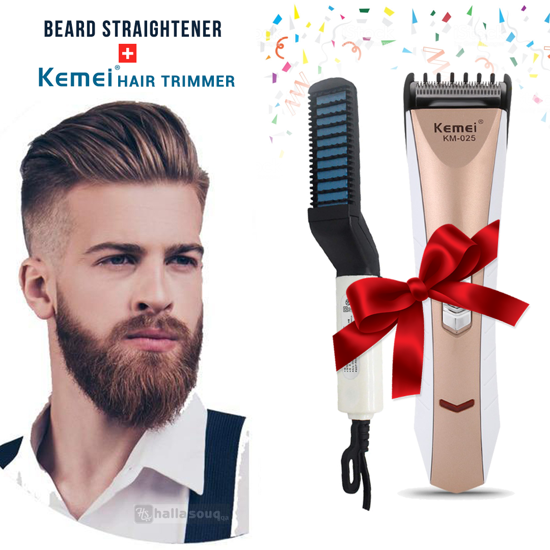 Kemei KM-025 Hair Trimmer and Men Beard straightener Comb Combo