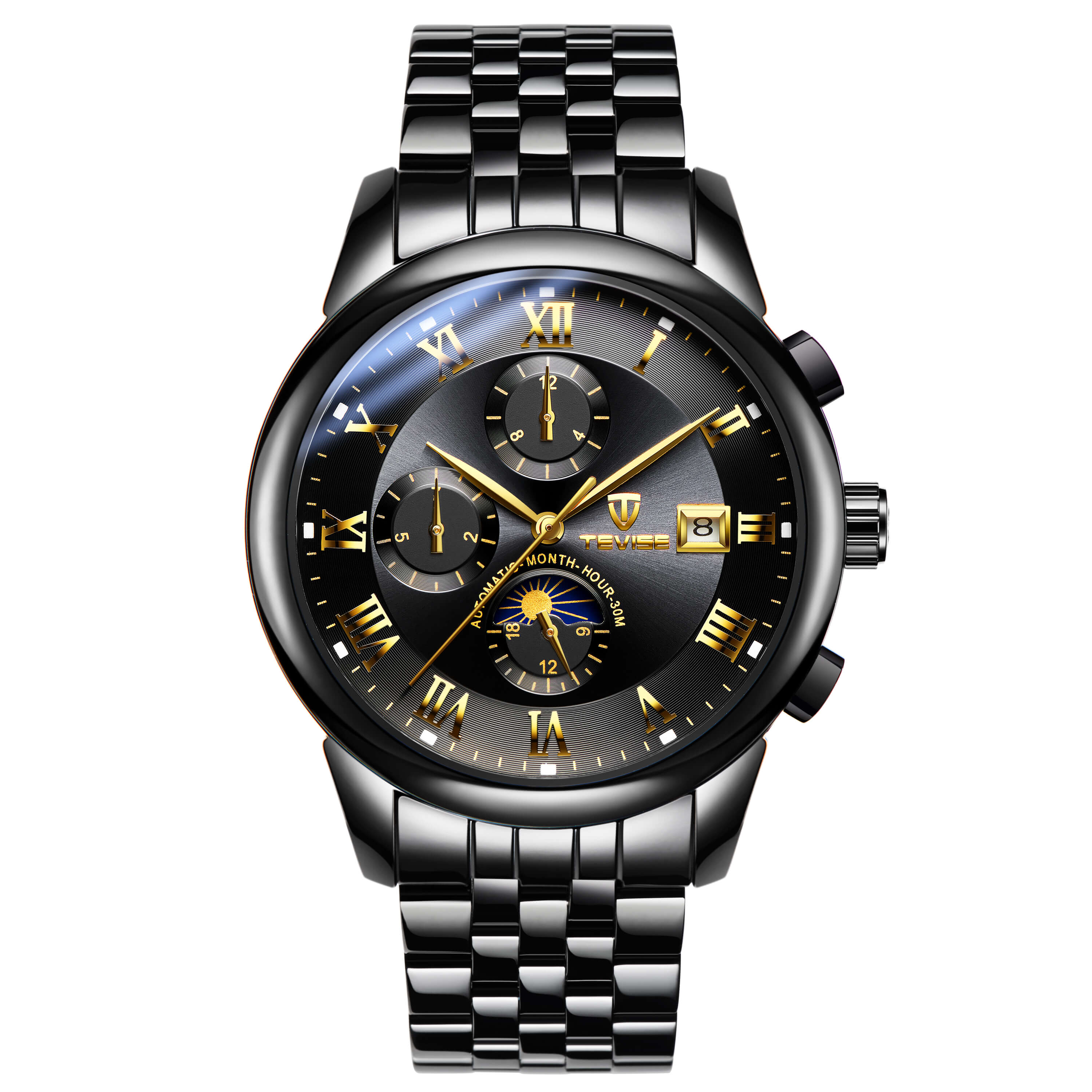 TEVISE 9008 Men's Automatic Mechanical Men's Watch Moon Phase Stainless Steel - Two Tone Black