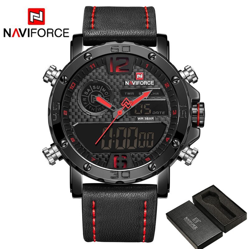 NAVIFORCE NF 9134  Men's Luxury Military Army Leather Band Watch - Black Red