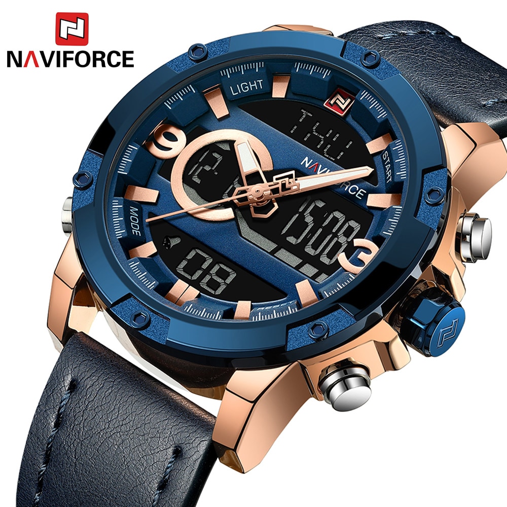 NAVIFORCE NF 9097 Analog Digital Leather Sports Men's Watch - Rose Gold Brown
