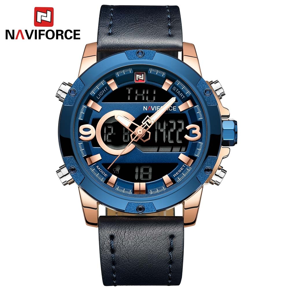 NAVIFORCE NF 9097 Analog Digital Leather Sports Men's Watch - Rose Gold Blue