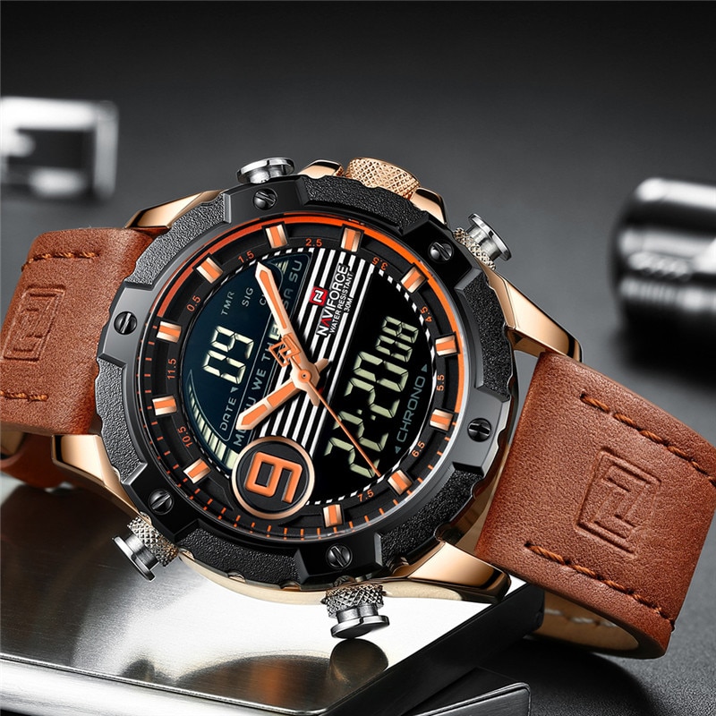 NAVIFORCE NF 9146L Luxury Brand Genuine Leather Men's Watch - Rose Gold Brown