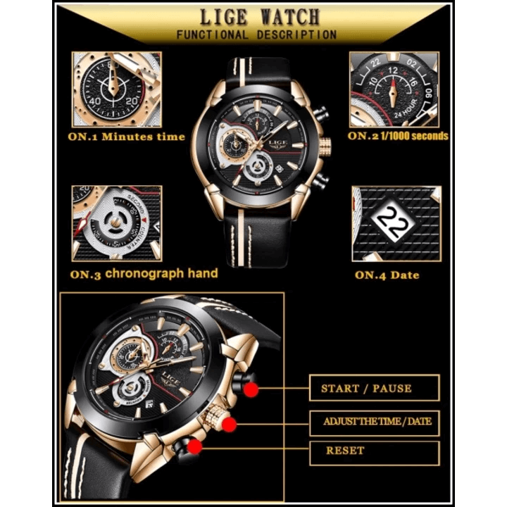 LIGE 9863 B LUXURY Business Casual Small Dial Calendar Steel Band Quartz Men Watch with Box- LEATHER WITH BLACK DIAL