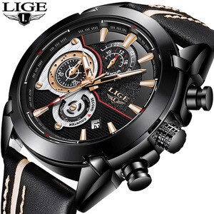 LIGE 9863 B LUXURY Business Casual Small Dial Calendar Steel Band Quartz Men Watch with Box- LEATHER WITH BLACK DIAL