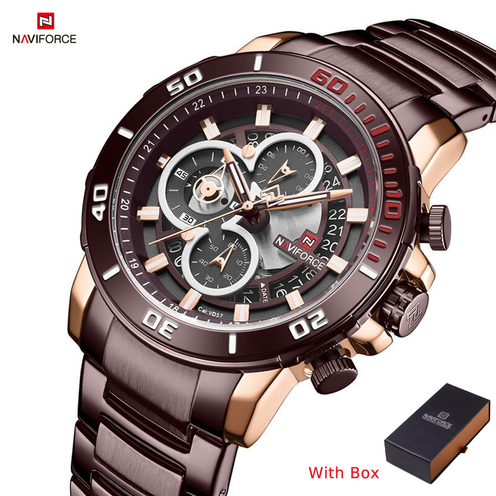 NAVIFORCE NF 9174 Stainless Steel Waterproof Men's Wristwatch All Chronograph - Rose Gold Coffee