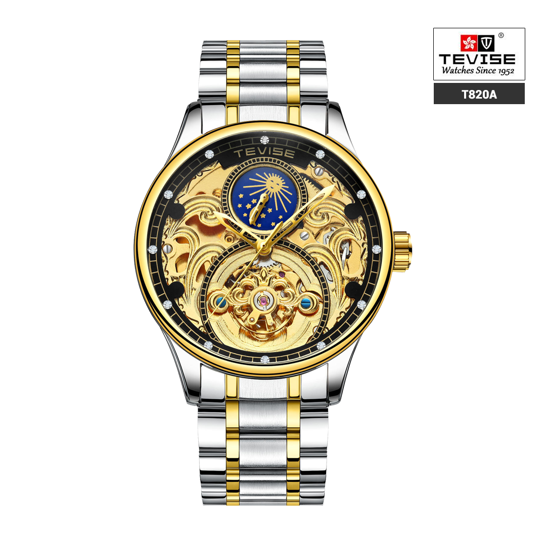 Tevise T820A Metal Business Automatic Mechanical Men Watch Moon Phase Time Display - Two Tone Black